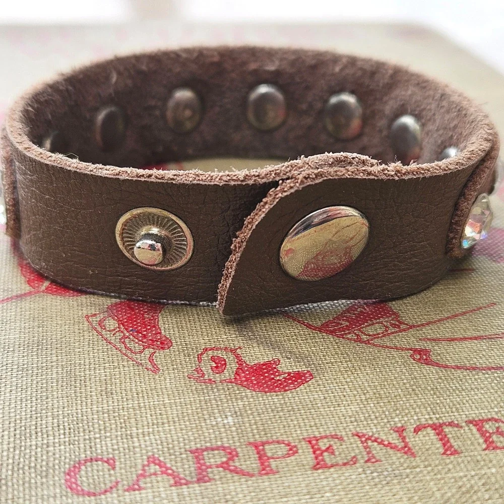 Brown Leather Rhinestone Cuff Bracelet Snap Closure Adjustable Boho Western